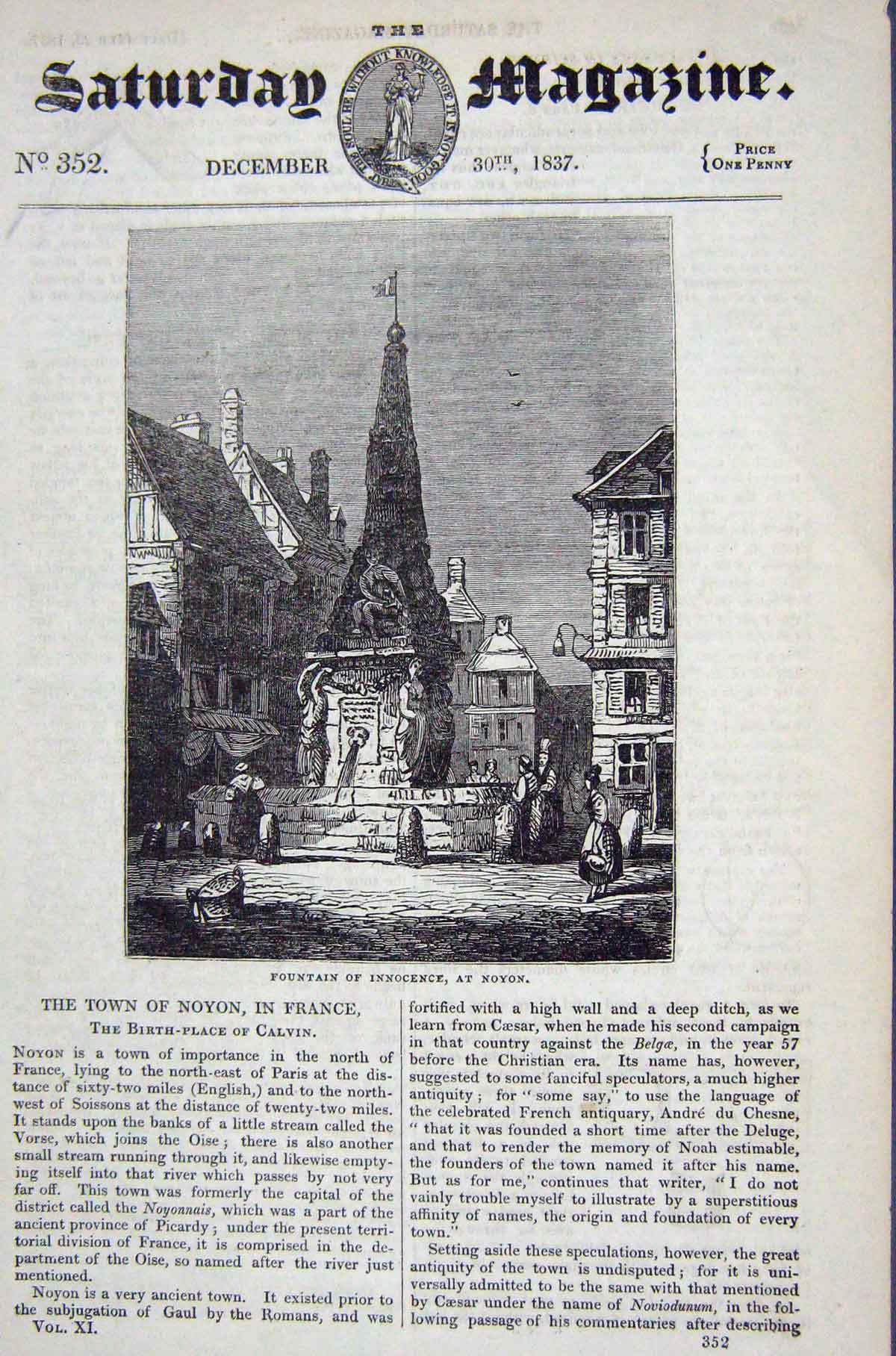 Original Old Antique Print 1837 Fountain Innocence Noyon France Street Scene