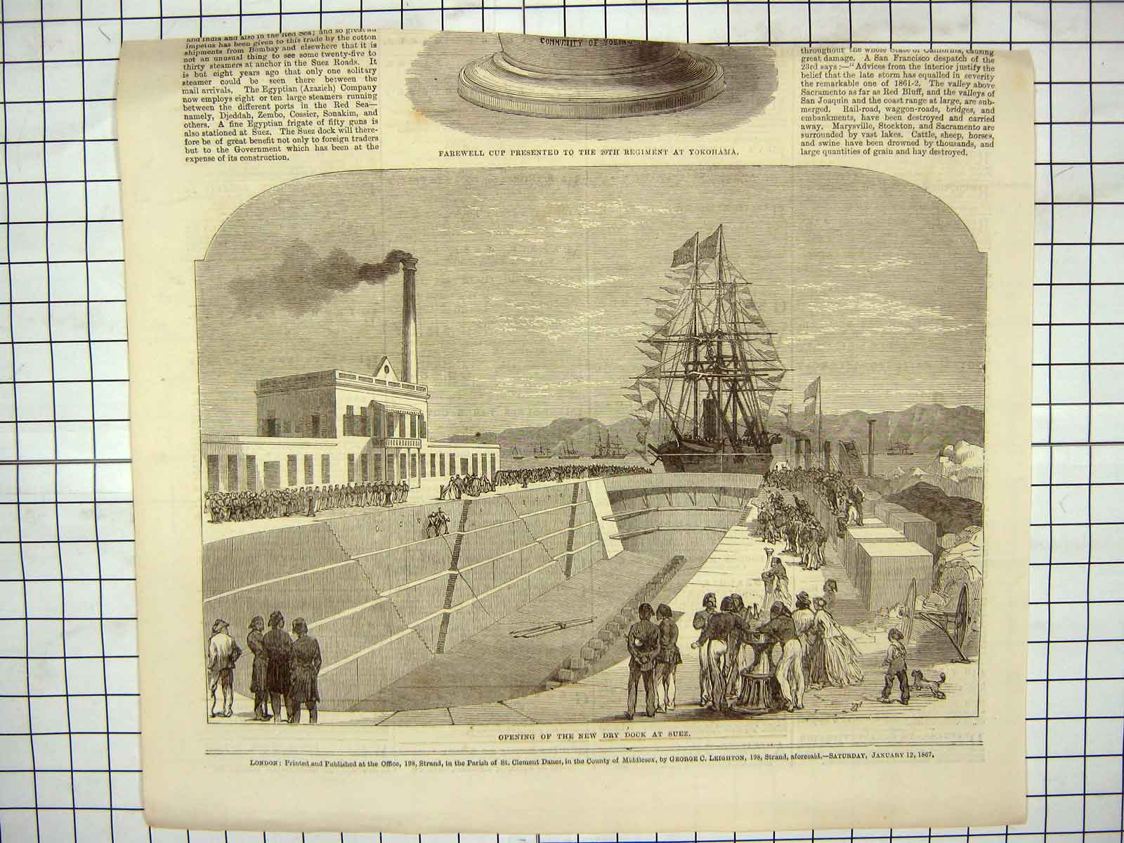 Original Old Antique Print 1867 Scene Opening New Dry Dock Suez Canal Egypt