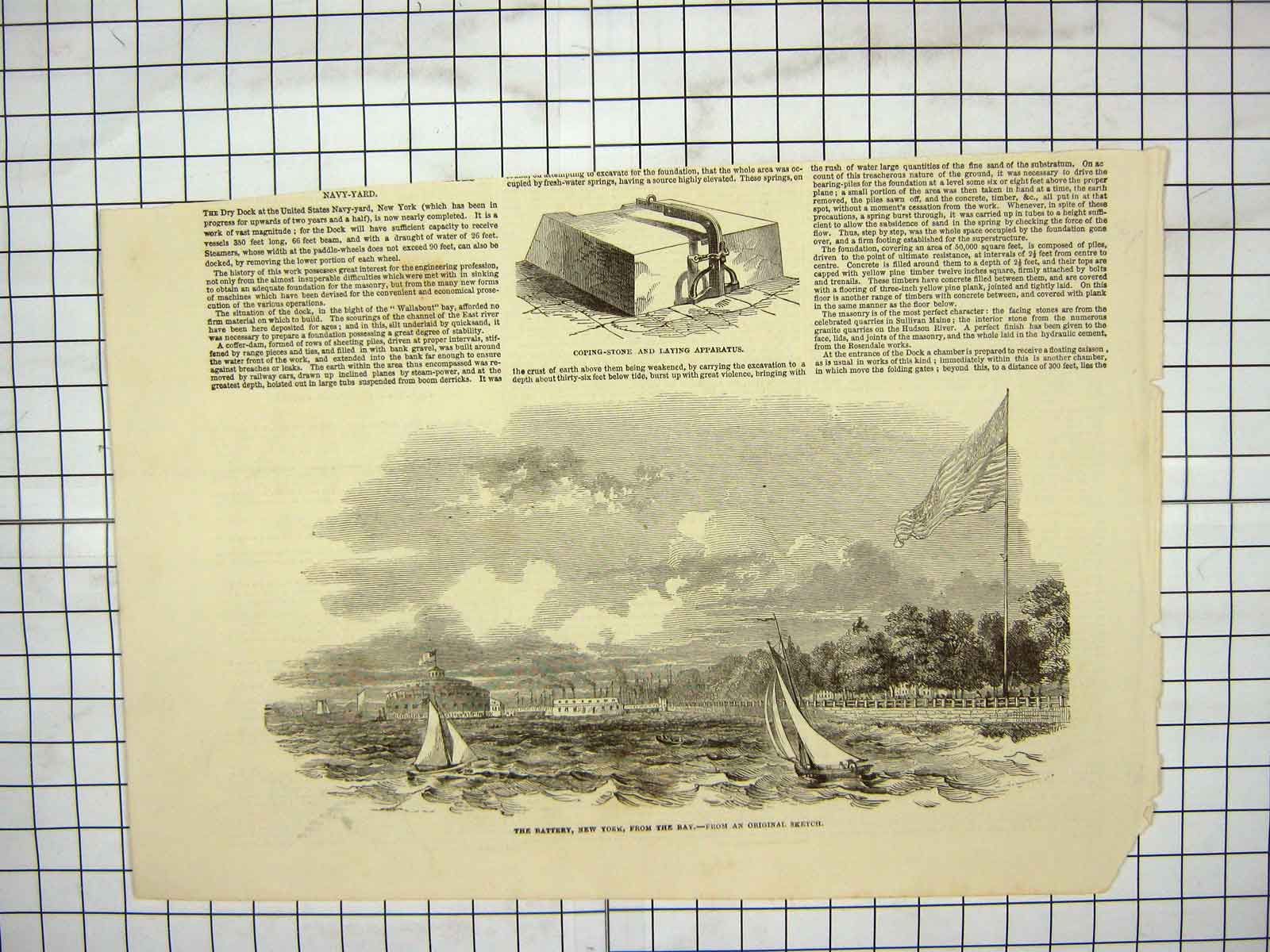 Original Old Antique Print Battery New York Bay America Coping Stone Apparatus