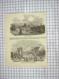 Original Old Antique Print View Town Prague River Boats Bridge