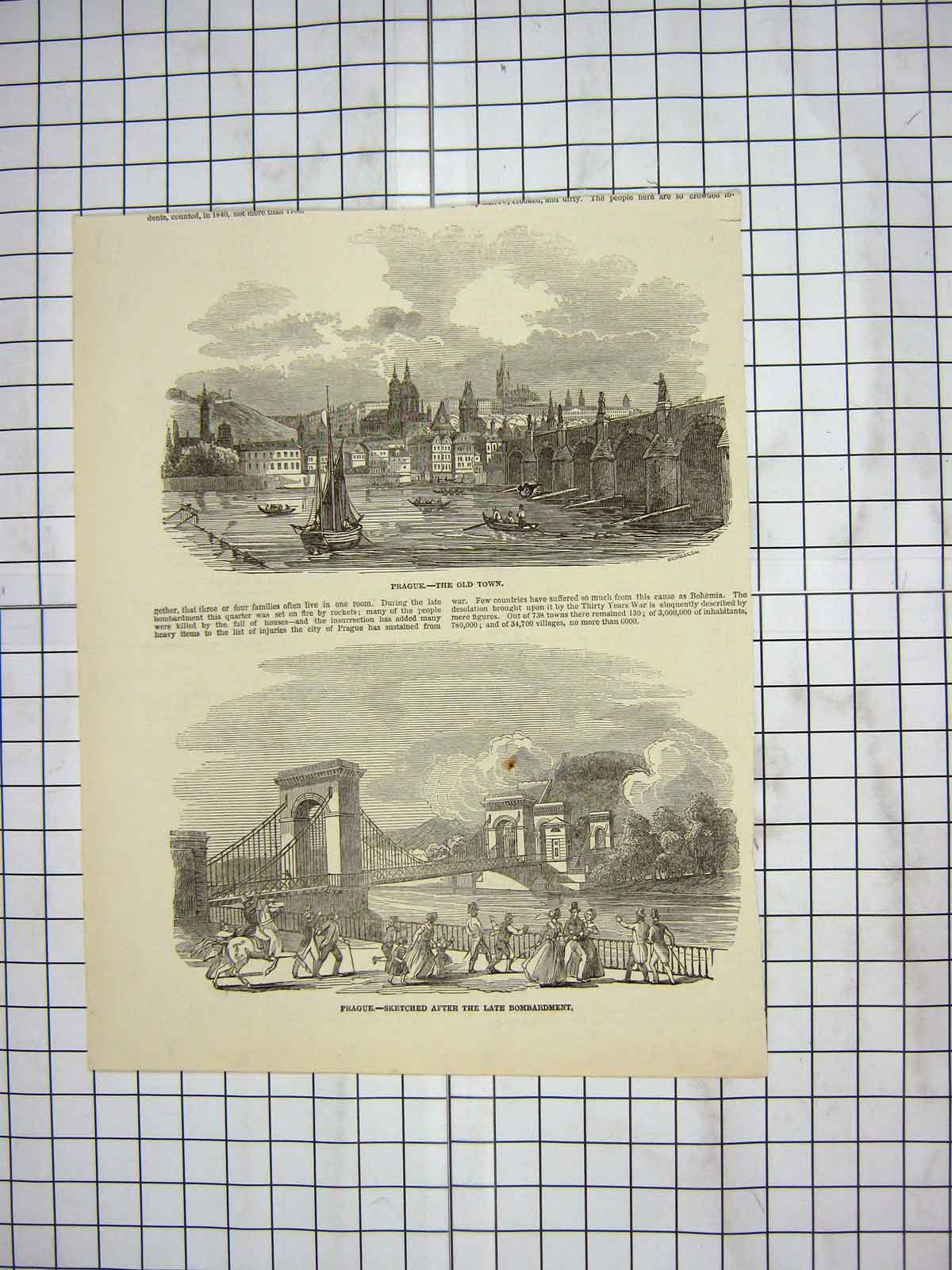 Original Old Antique Print View Town Prague River Boats Bridge