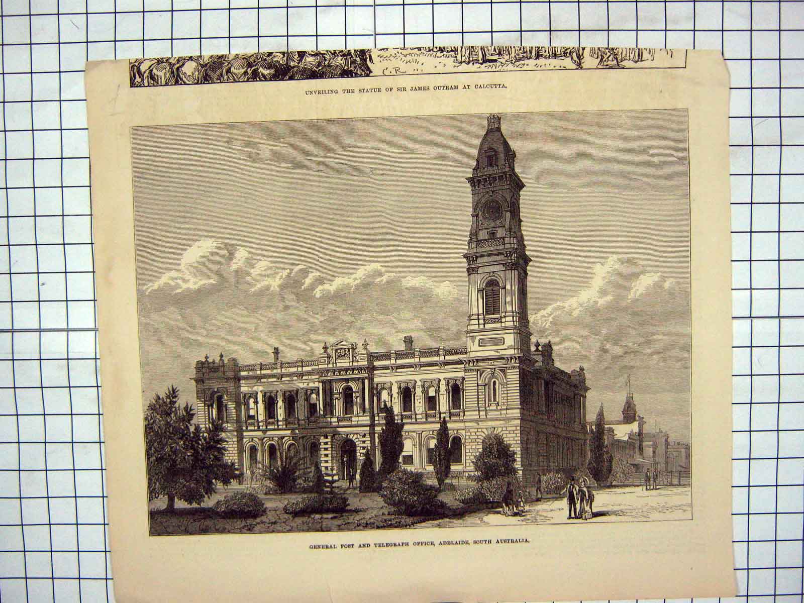 Original Old Antique Print General Post Office Telegraph Adelaide Australia
