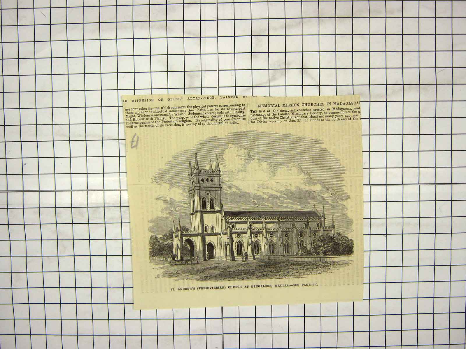 Old Antique Print St. Andrews Presbyterian Church Bangalore Madras India