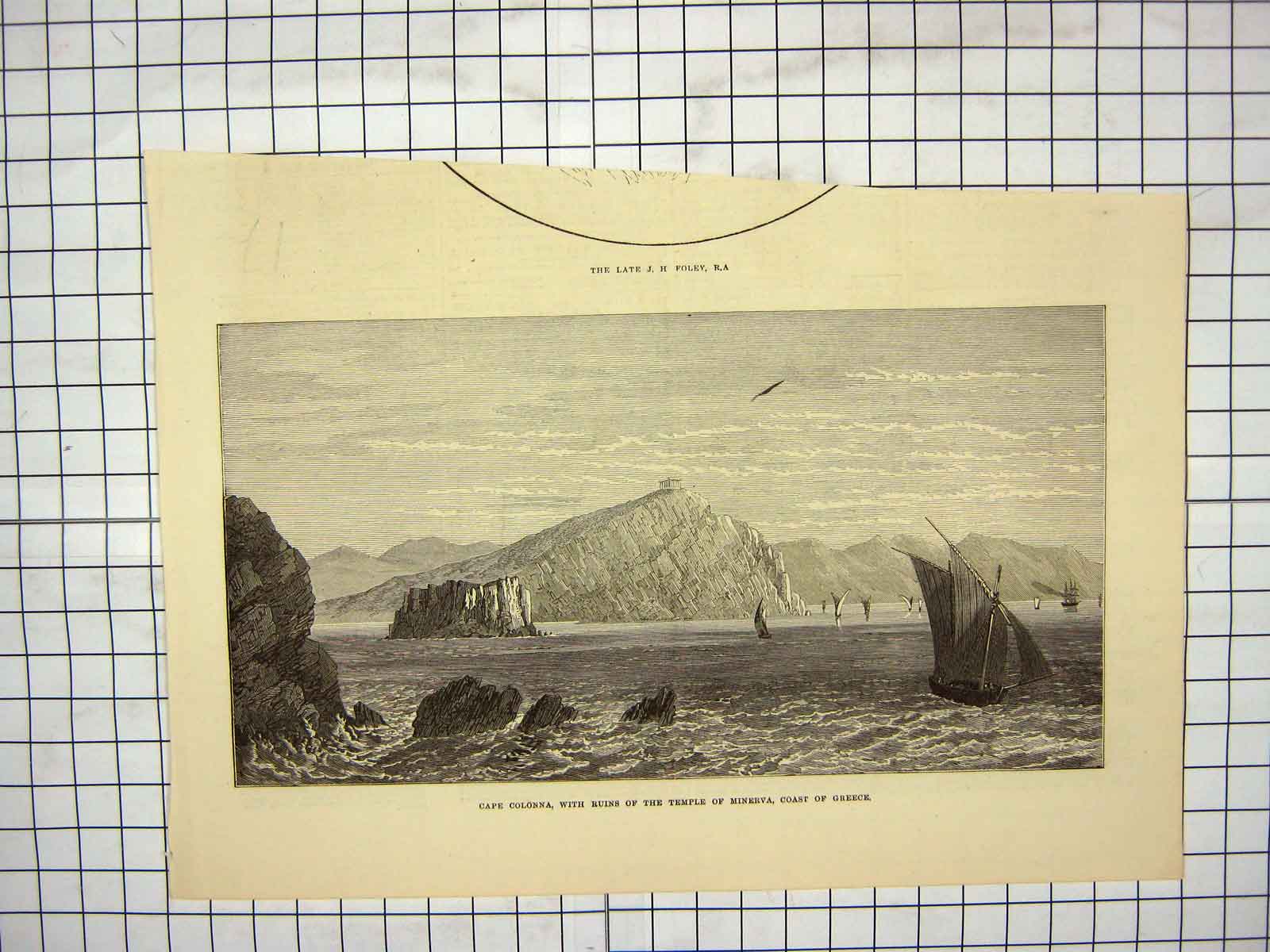 Original Old Antique Print Cape Colonna Ruins Temple Minerva Greece Boats