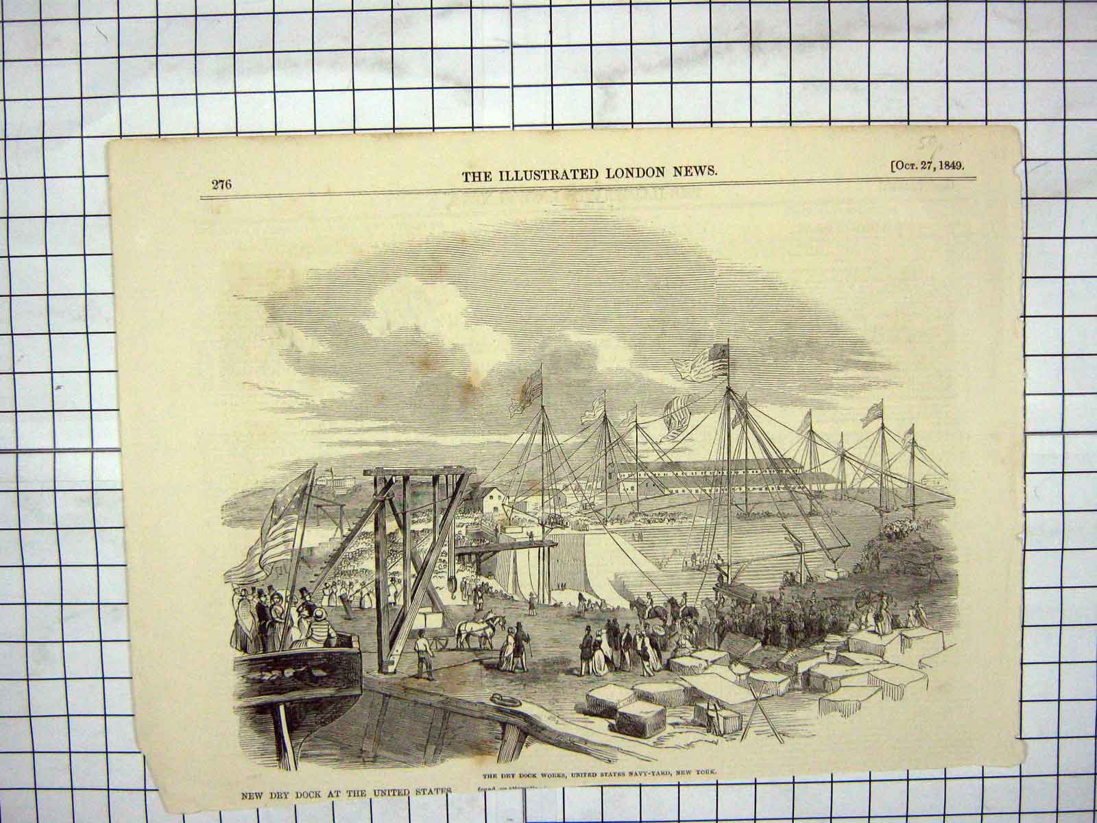 Original Old Antique Print 1849 Dry Dock Works United States Navy Yard New York