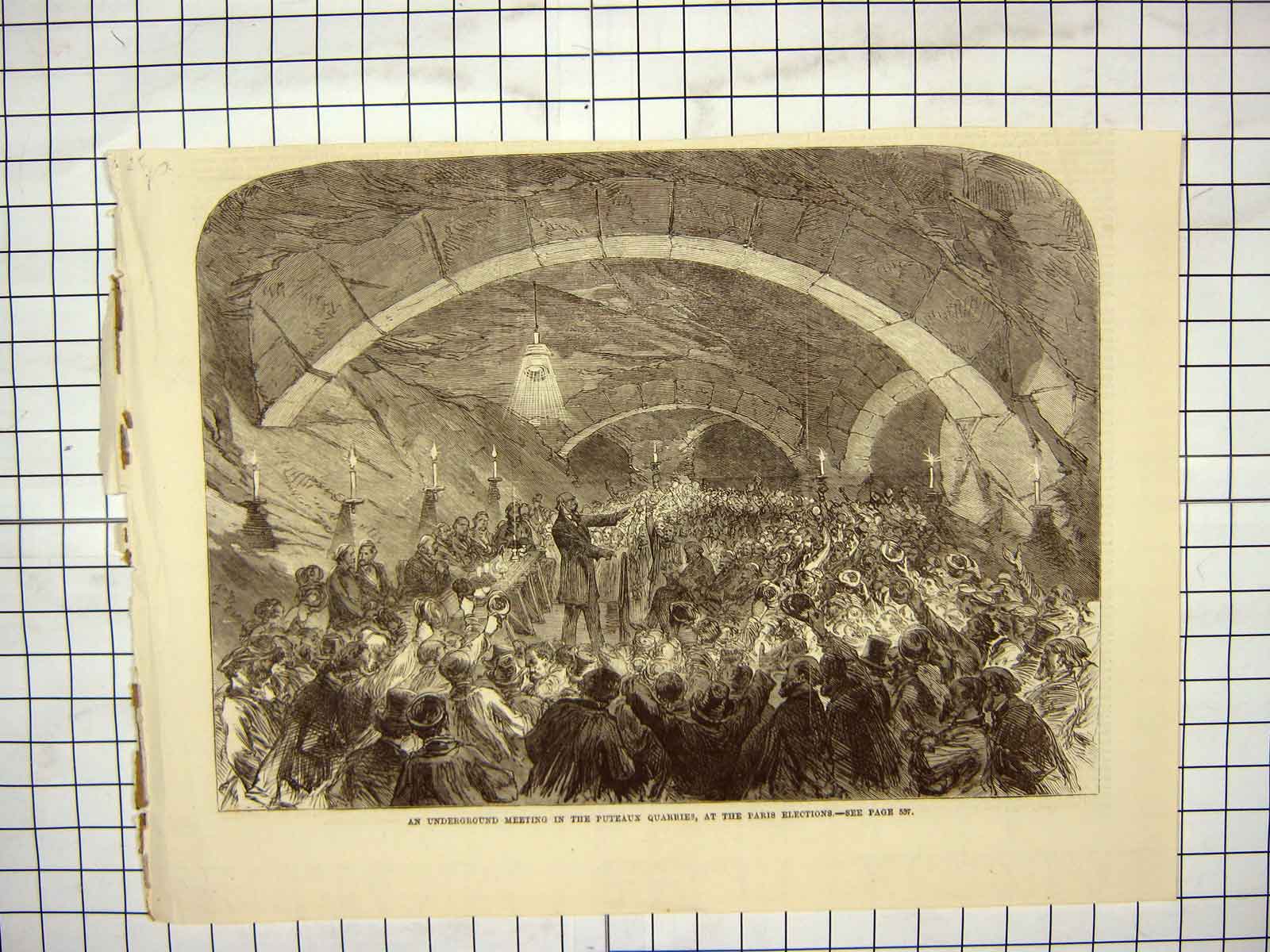 Original Old Antique Print Underground Meeting Puteaux Quarries Paris Elections