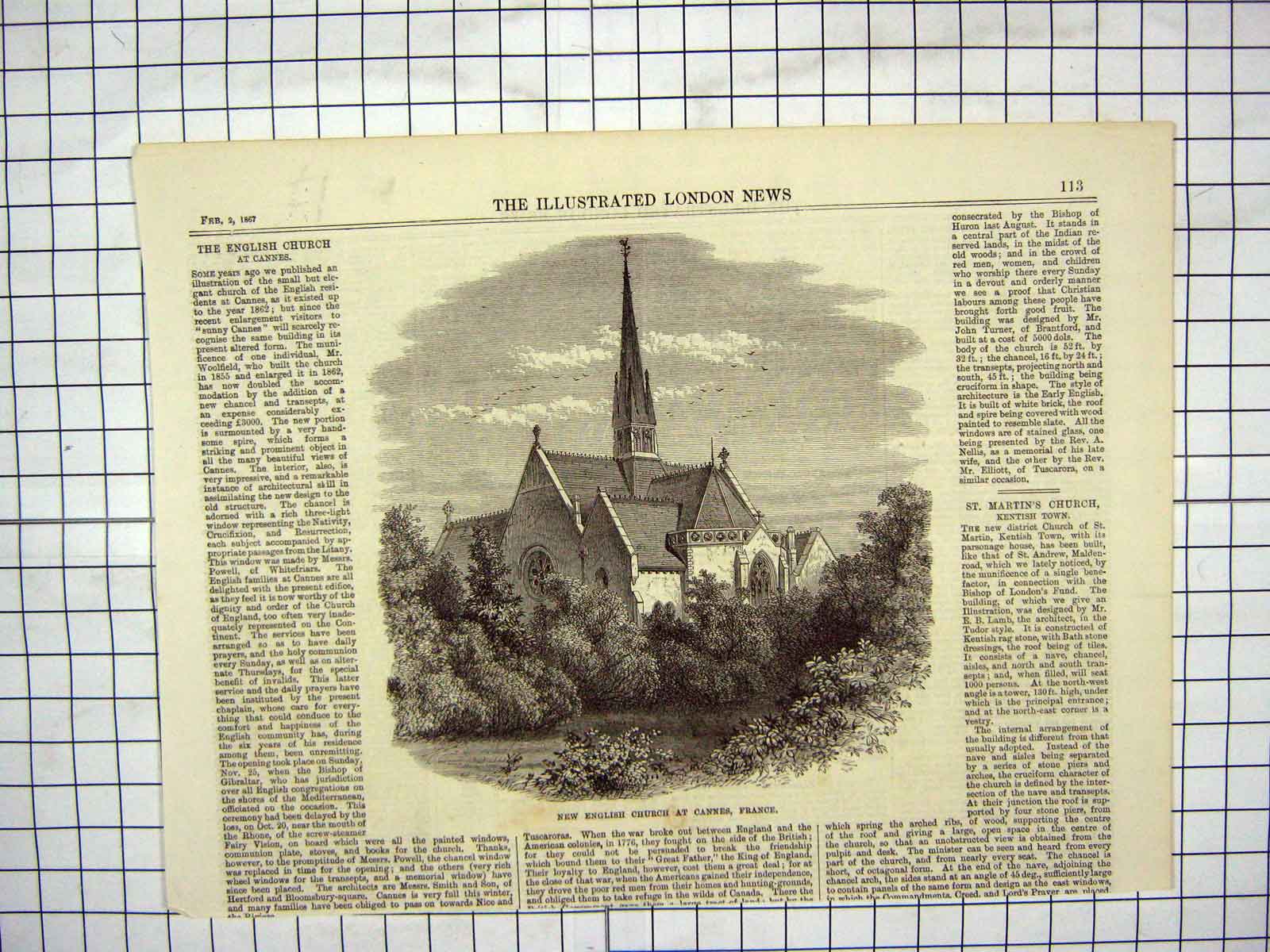 Original Old Antique Print 1867 New English Church Cannes France Architecture