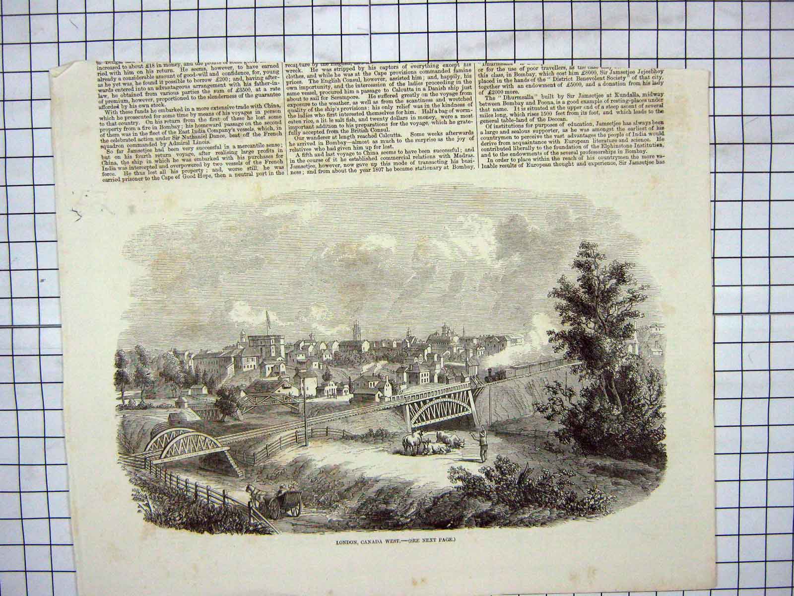 Original Old Antique Print View London Canada Railway Train Bridge Town Scene