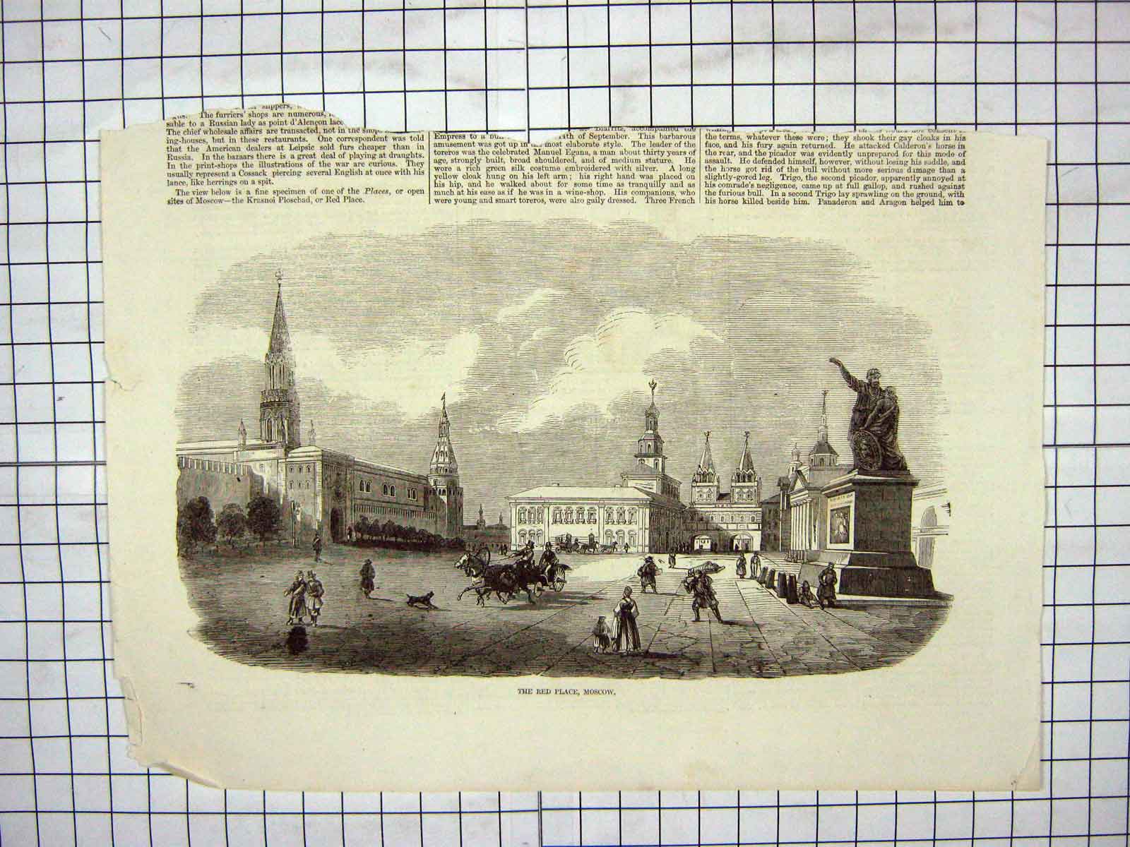 Original Old Antique Print Red Place Moscow Russia Monument Architecture