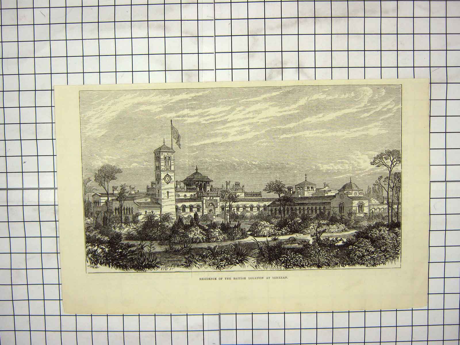 Original Old Antique Print Residence British Legation Teheran Architecture