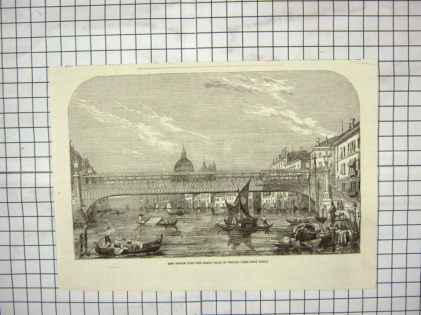 Old Antique Print Bridge Grand Canal Venice Italy Bridge Boats Gondolas