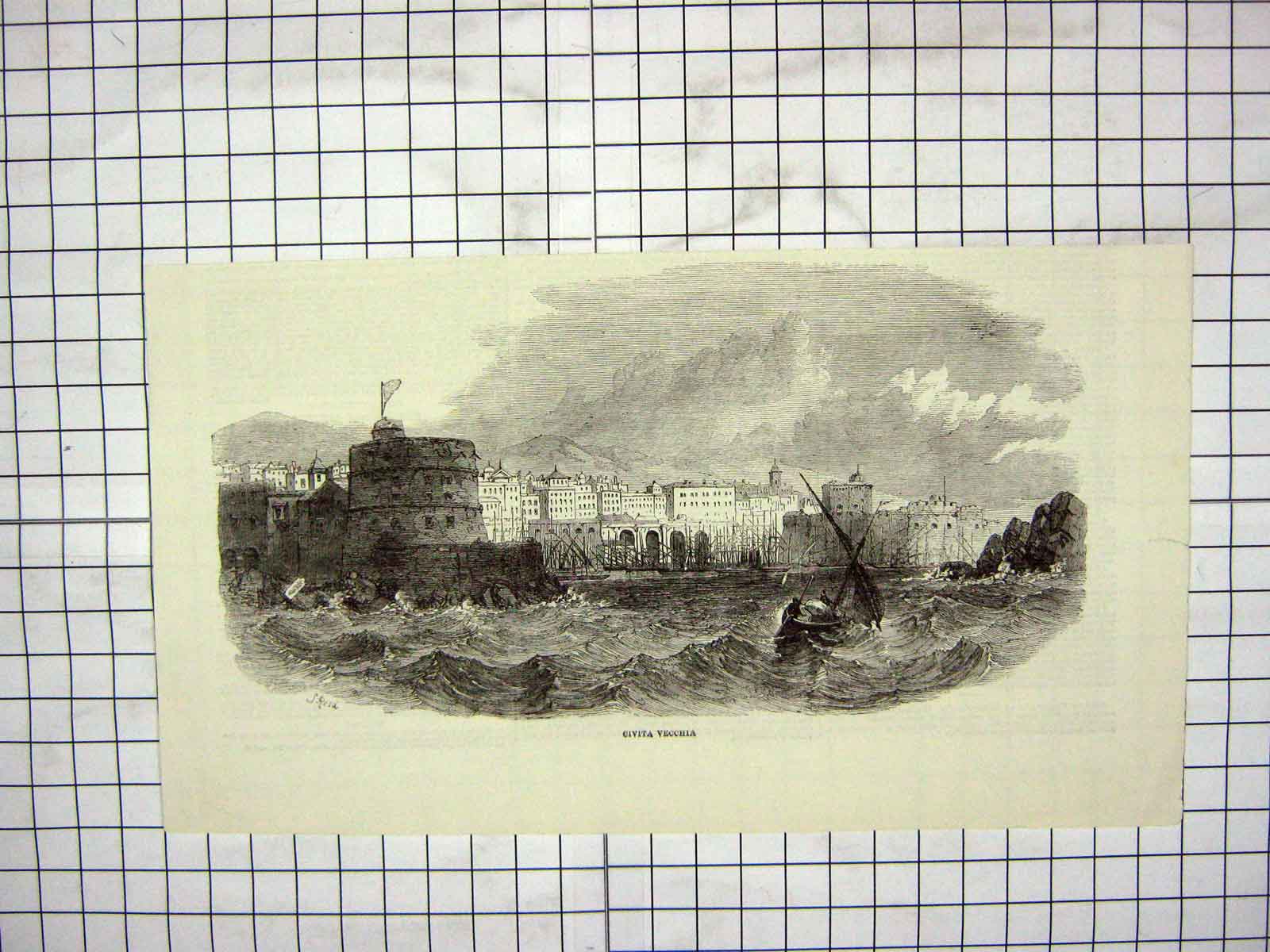 Original Old Antique Print View Civita Vecchia Sea Boats Architecture
