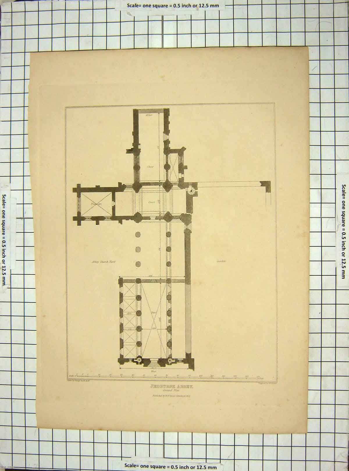 Old Antique Print 1852 Ground Plan Jedburgh Abbey Lizars Smith Engraving 19th