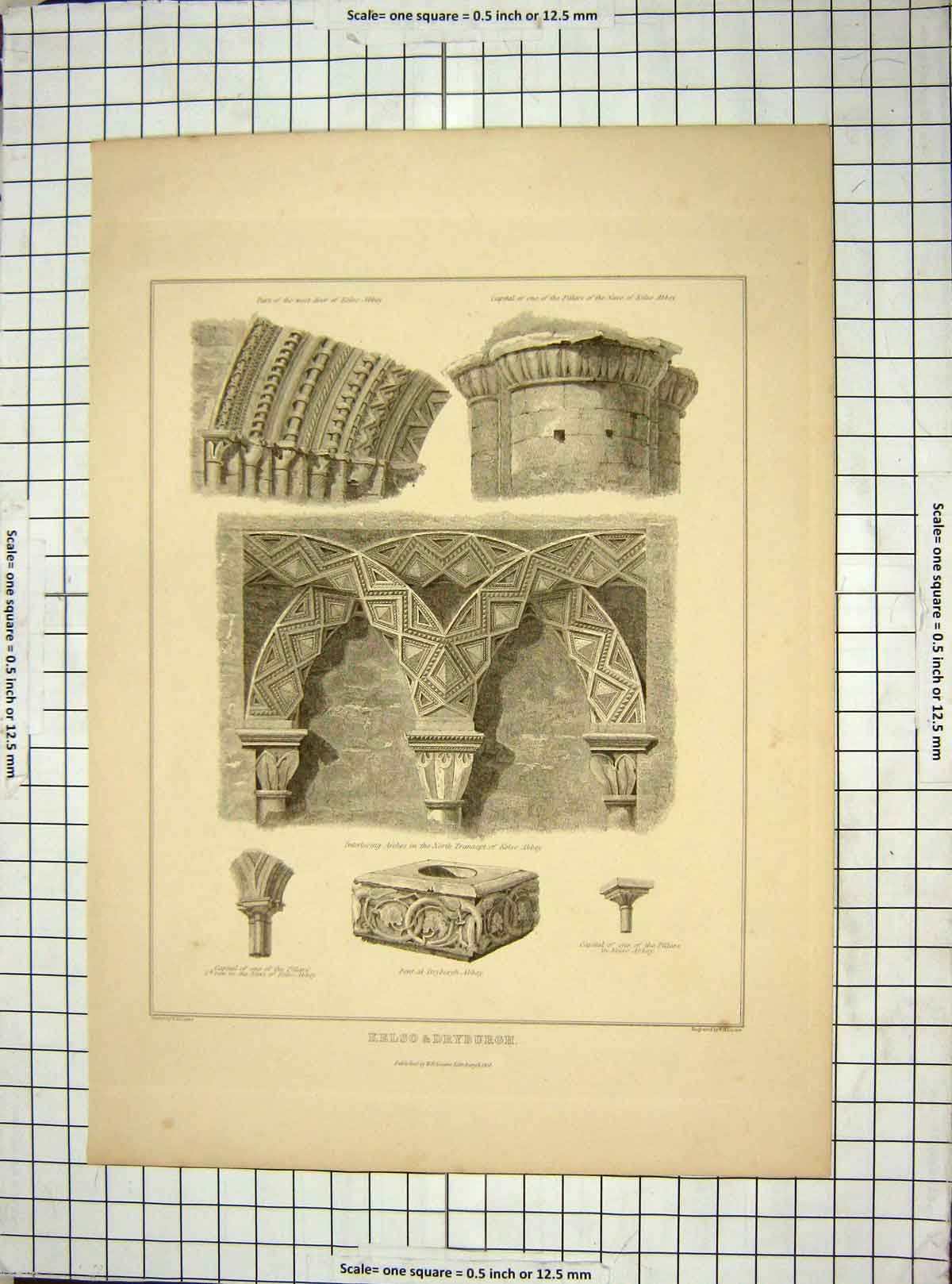 Old Antique Print 1832 Kelson Dryburgh Architecture Abbey Capital Pillar 19th