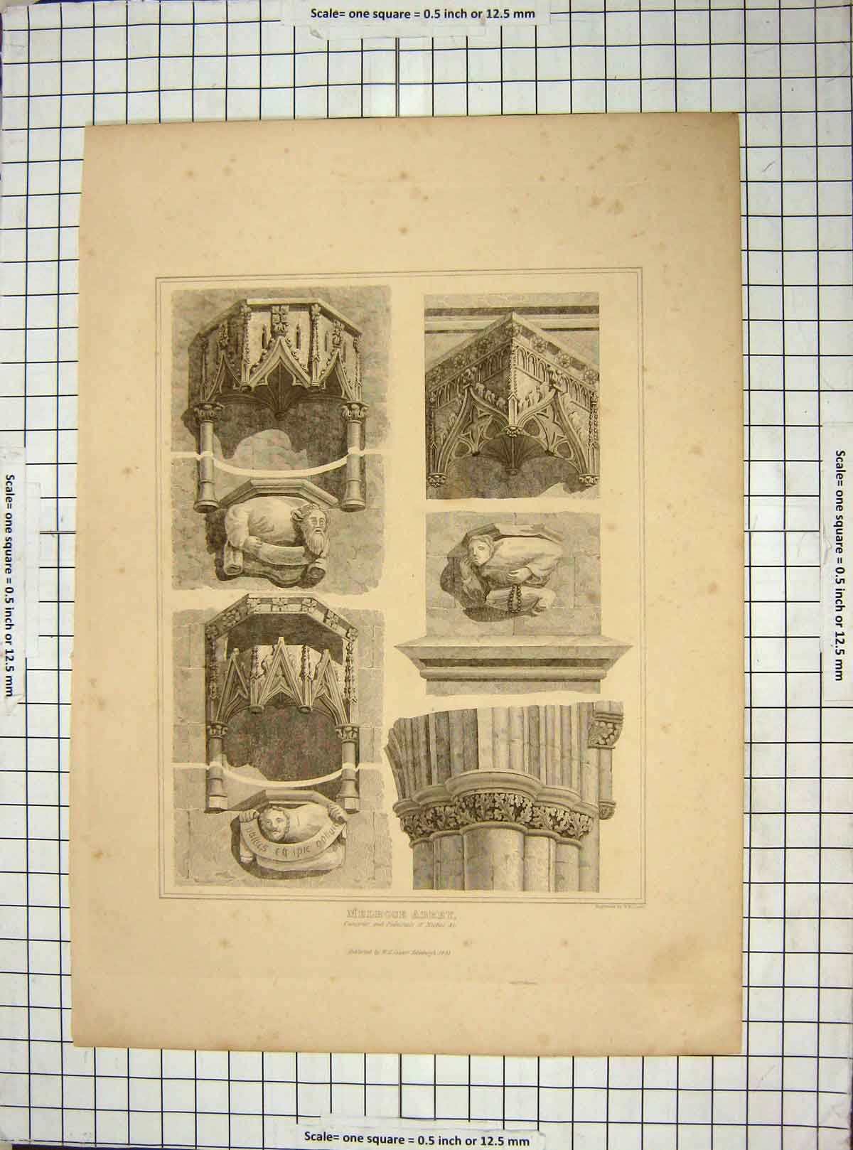 Original Old Antique Print 1831 Melrose Abbey Canopies Pedestals Architecture