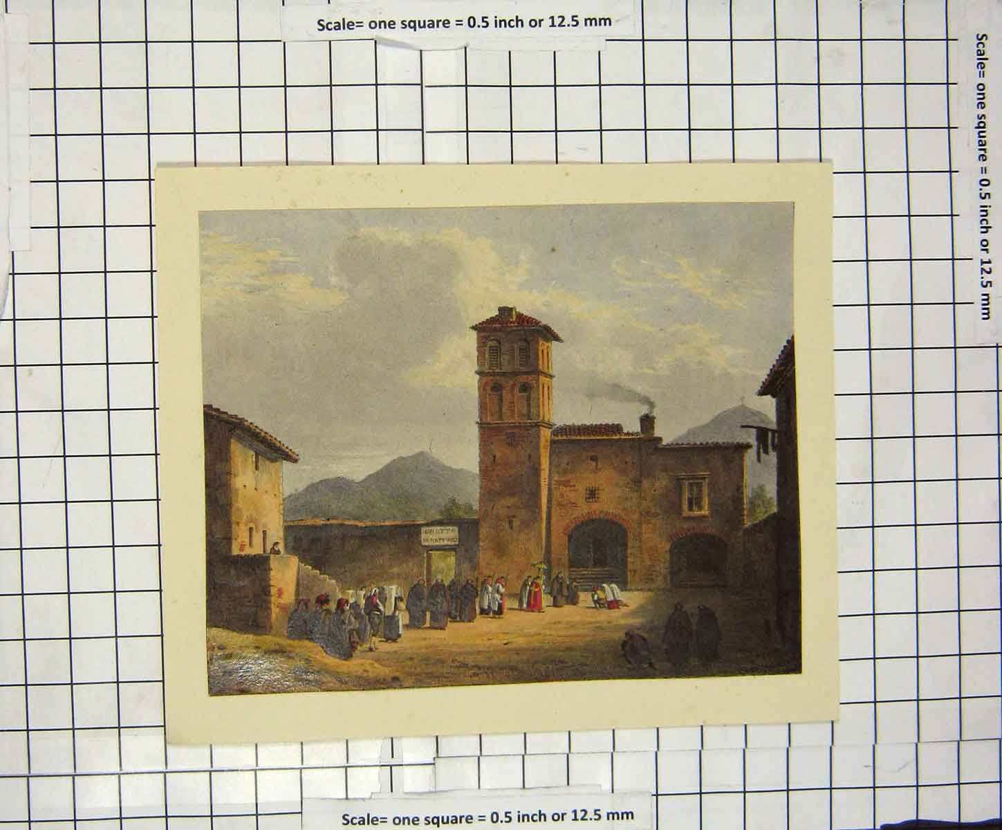 Original Old Antique Print Colour Architecture Grotta People