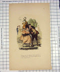 Original Old Antique Print Man Lady Romance Garden Colour