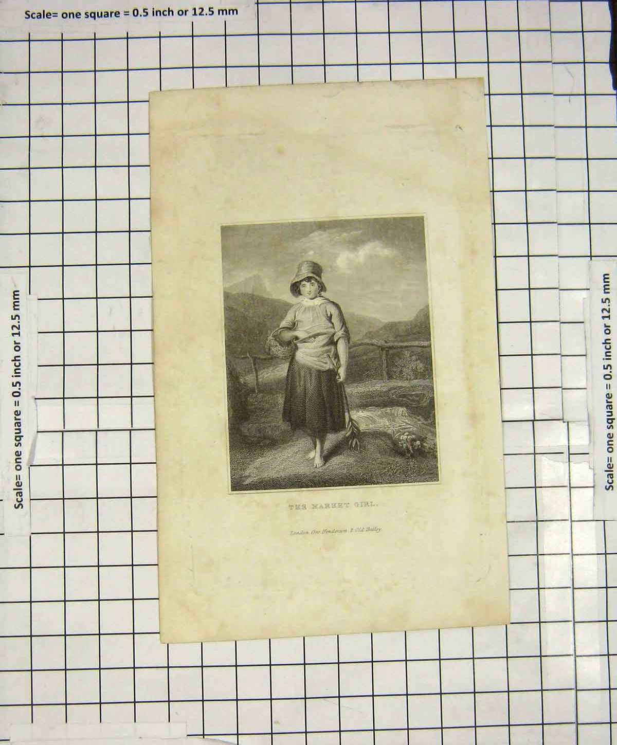Original Old Antique Print Engraving Market Girl Farmer
