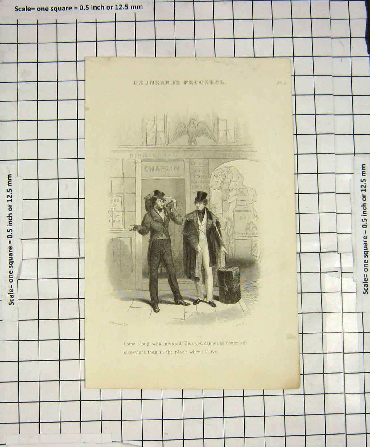 Original Old Antique Print Travelling Man Drunkard Birmingham Engraving