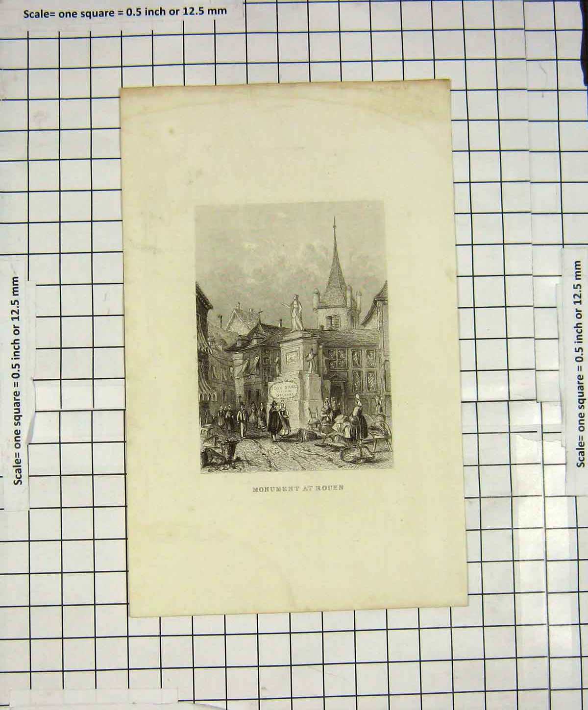 Original Old Antique Print Engraving Monument Rouen France Buildings
