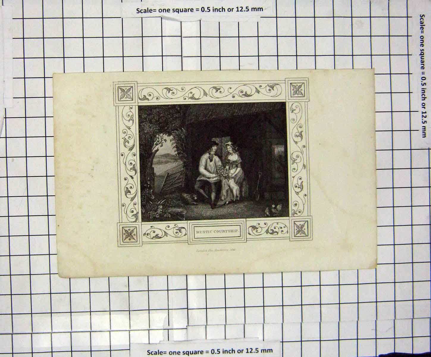 Original Old Antique Print 1845 Engraving Rustic Courtship Romance Victorian