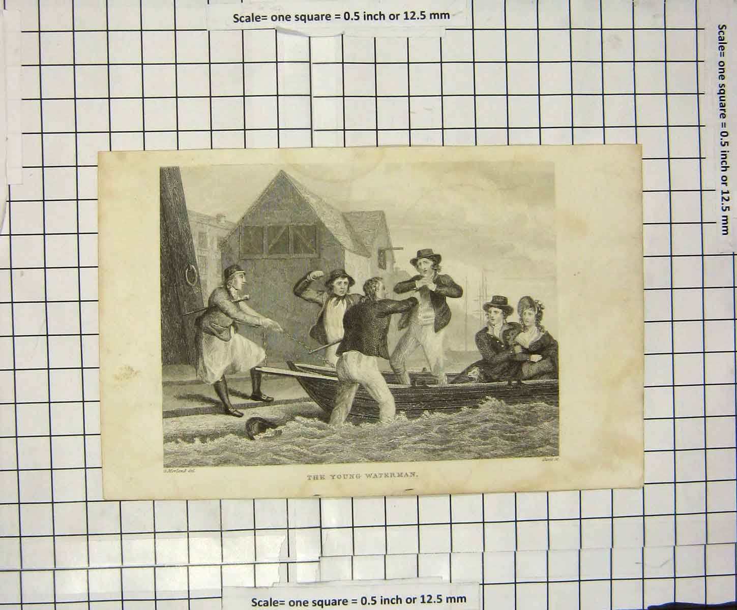 Original Old Antique Print Engraving Young Waterman Romance Boat