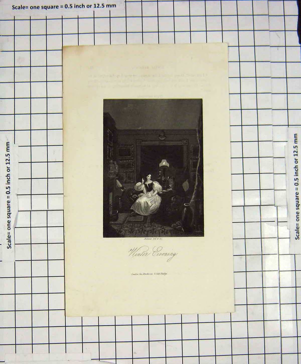 Original Old Antique Print Engraving Winter Evening Romance