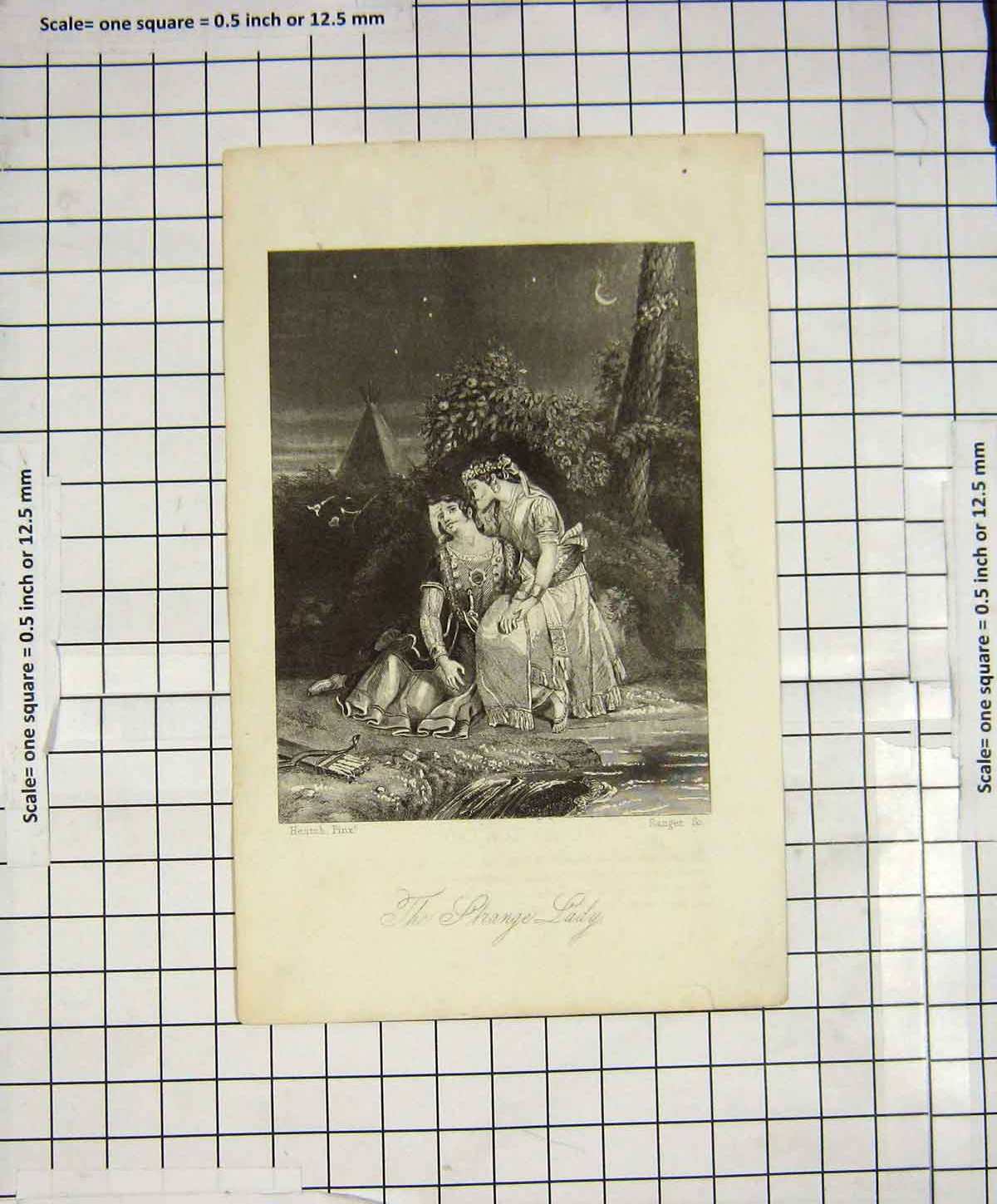 Original Old Antique Print Engraving Strange Lady Romance Man Sanger