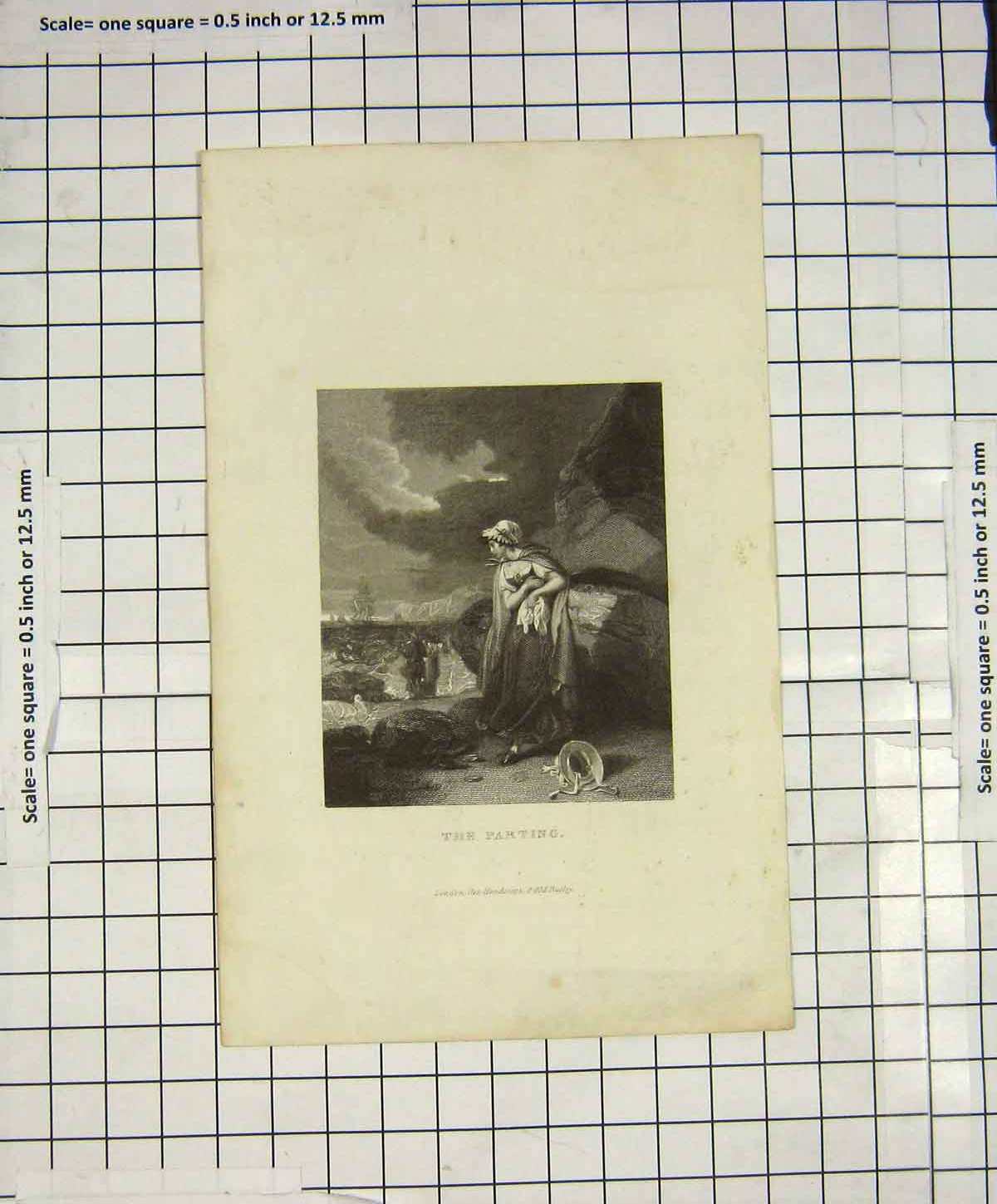 Original Old Antique Print Engraving Parting Woman Man Romance