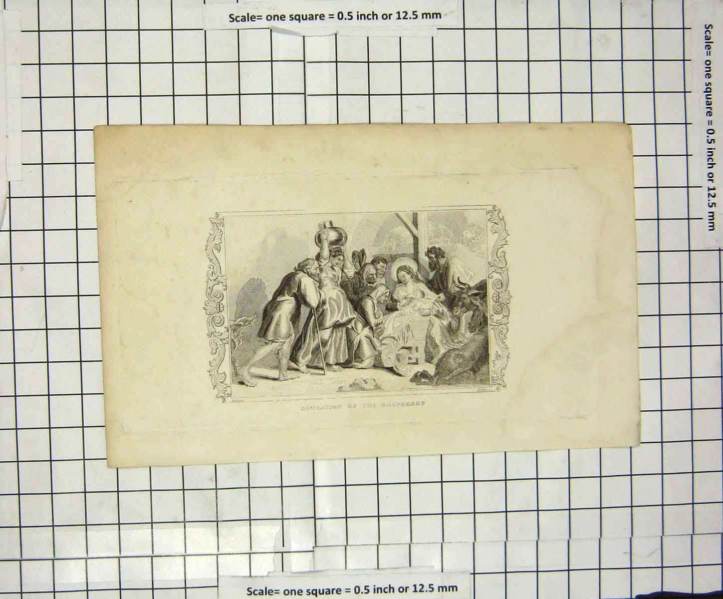 Original Old Antique Print Scene Adoration Shepherds Mary Joseph