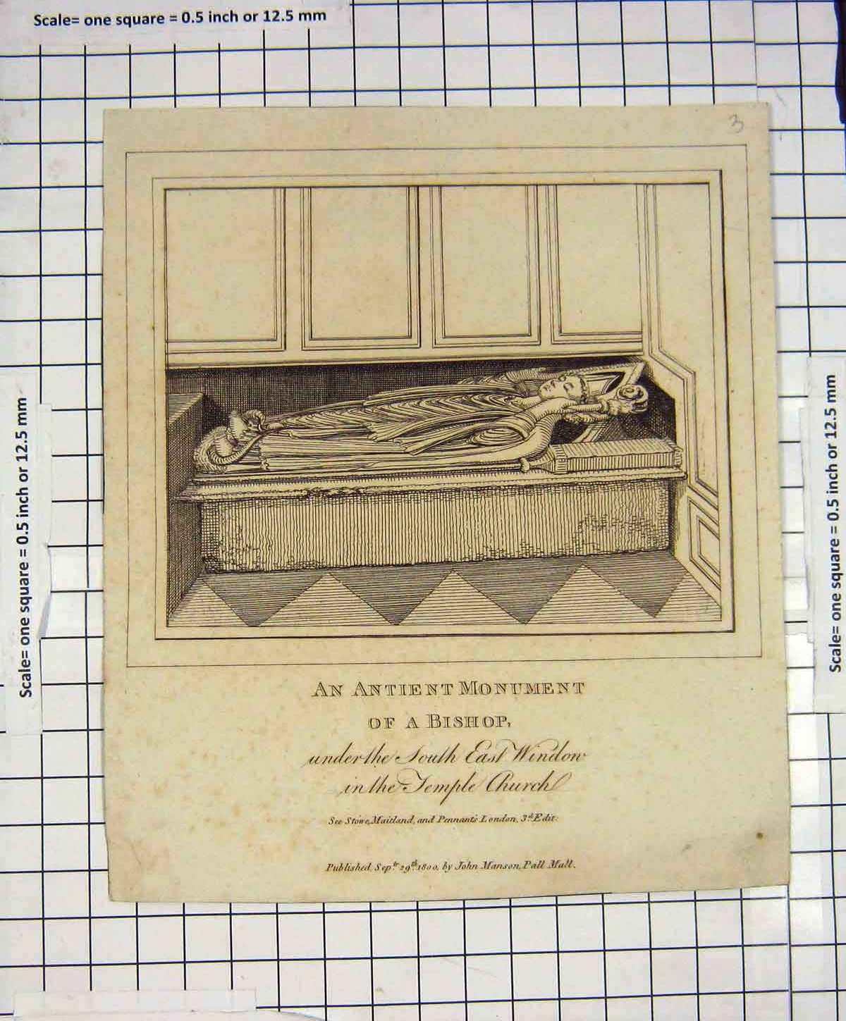 Original Old Antique Print Ancient Monument Bishop Window Temple Church 1800