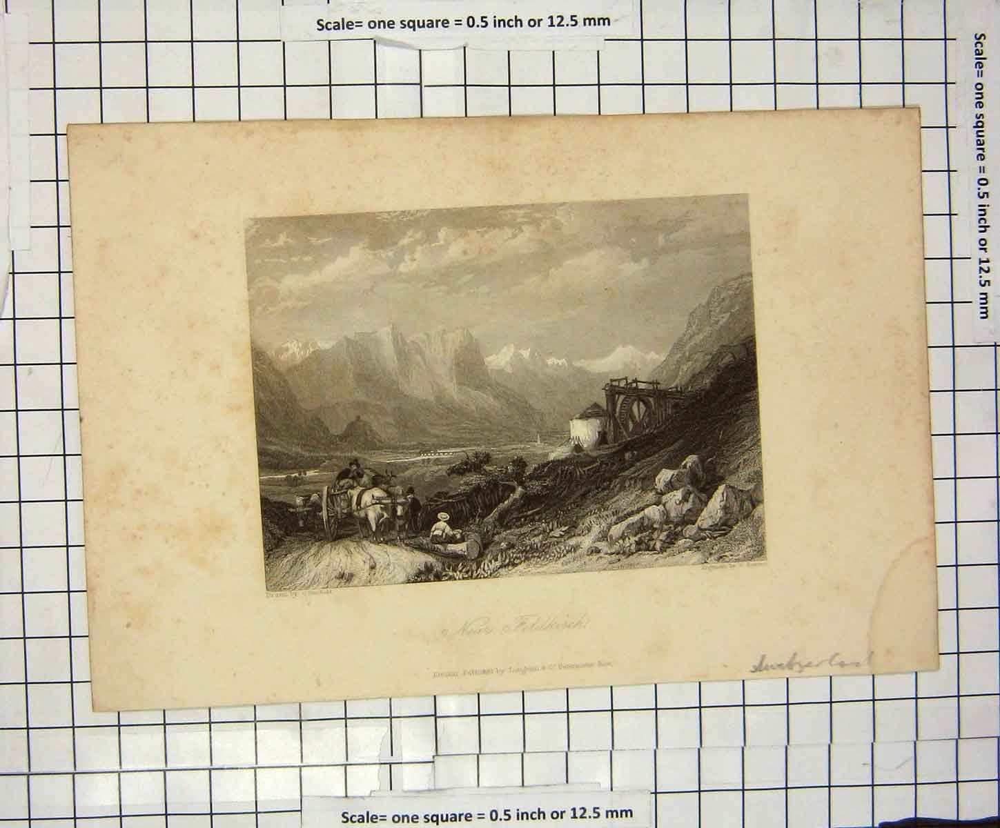 Original Old Antique Print Jevous Stanfield Engraving Mountains Feldkirch