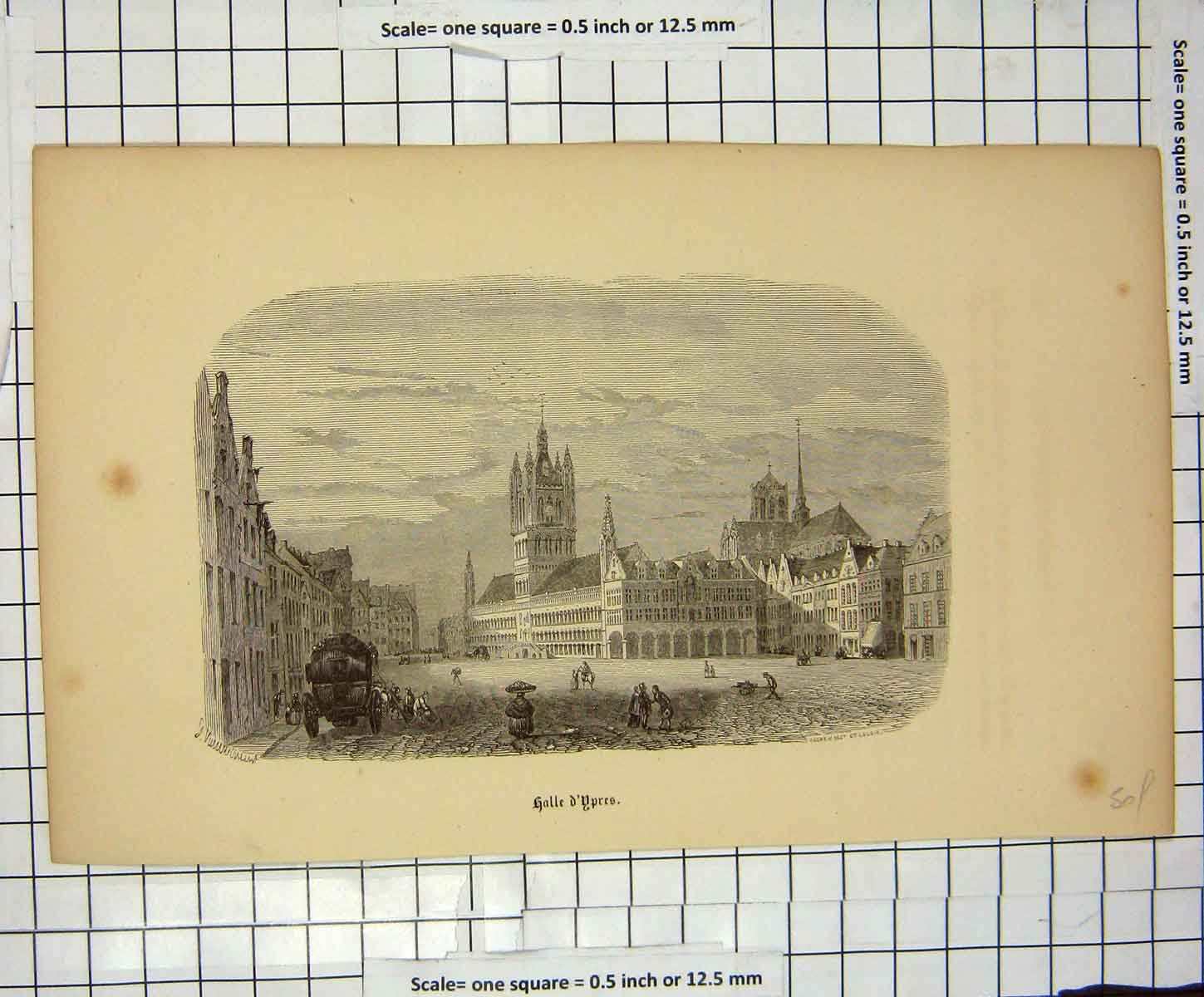 Original Old Antique Print Engraving Architecture Halle Ypres France