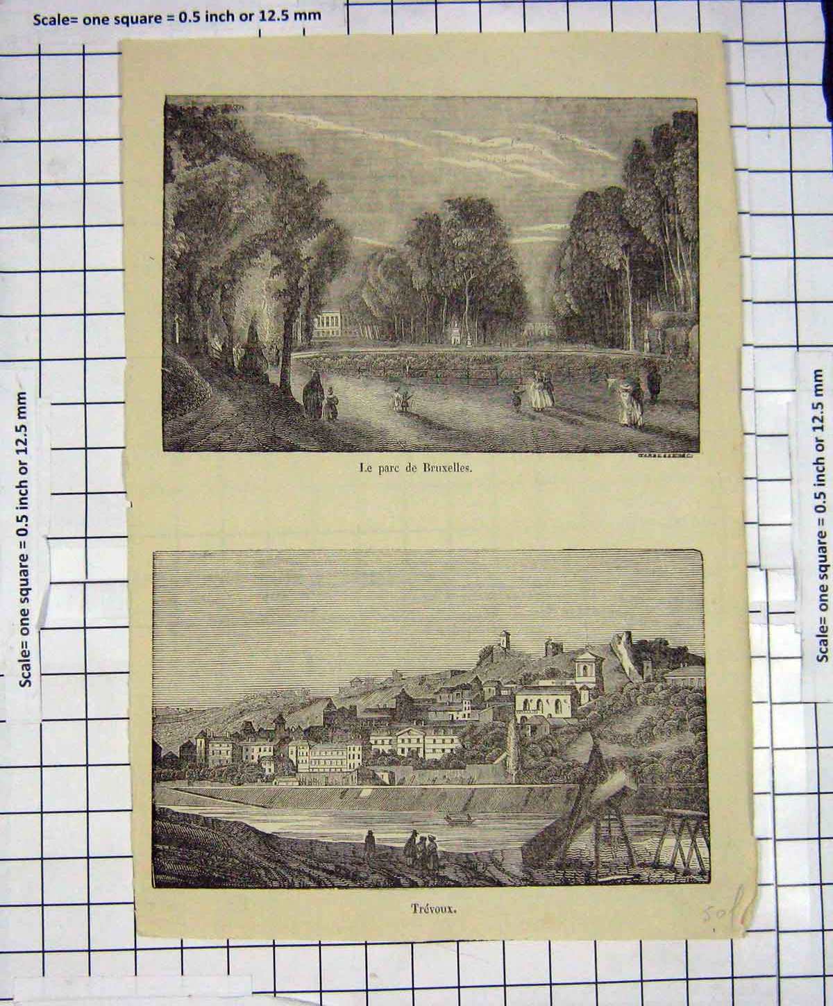 Original Old Antique Print Le Parc De Bruxelles Trevoux Engraving