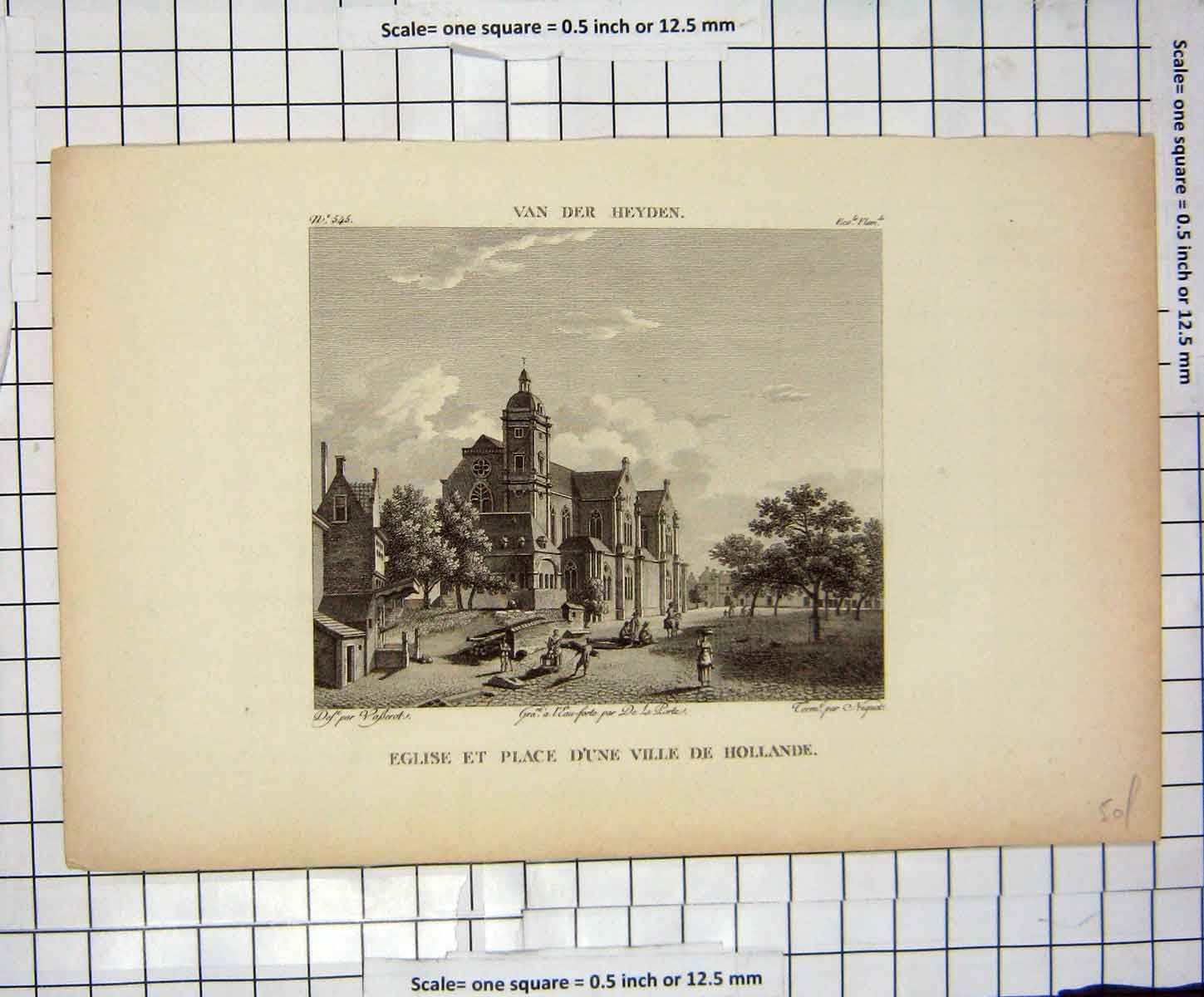 Original Old Antique Print Eglise Et Place D'Une Ville De Hollande