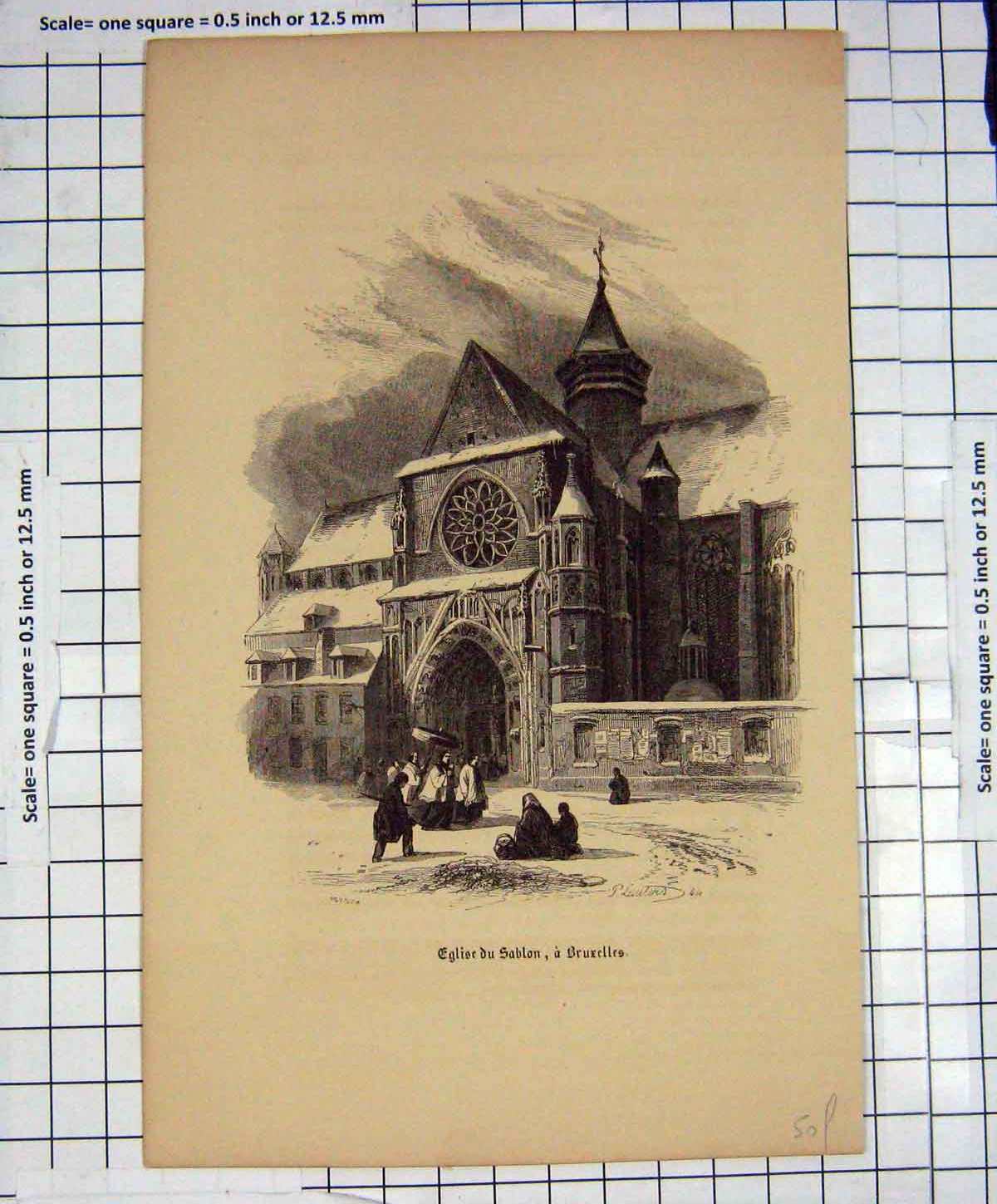 Original Old Antique Print Engraving Eglise Sablon Brussels Architecture