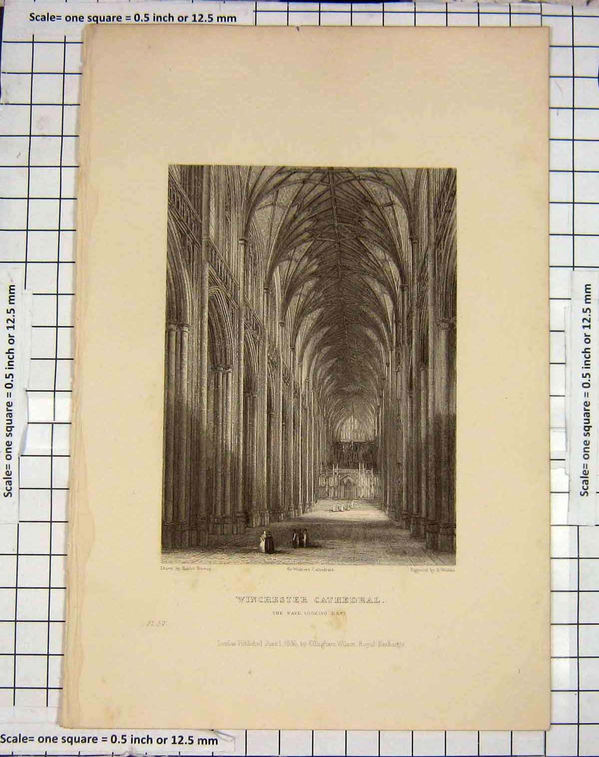 Old Antique Print 1836 Winchester Cathedral Nave Engraving Browne Winkles 19th
