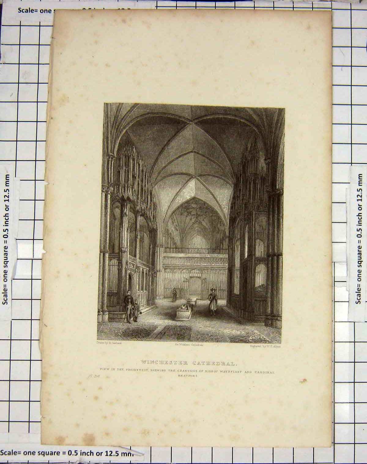 Old Antique Print Winchester Cathedral Waynfleet Beaufort Garland Albutt