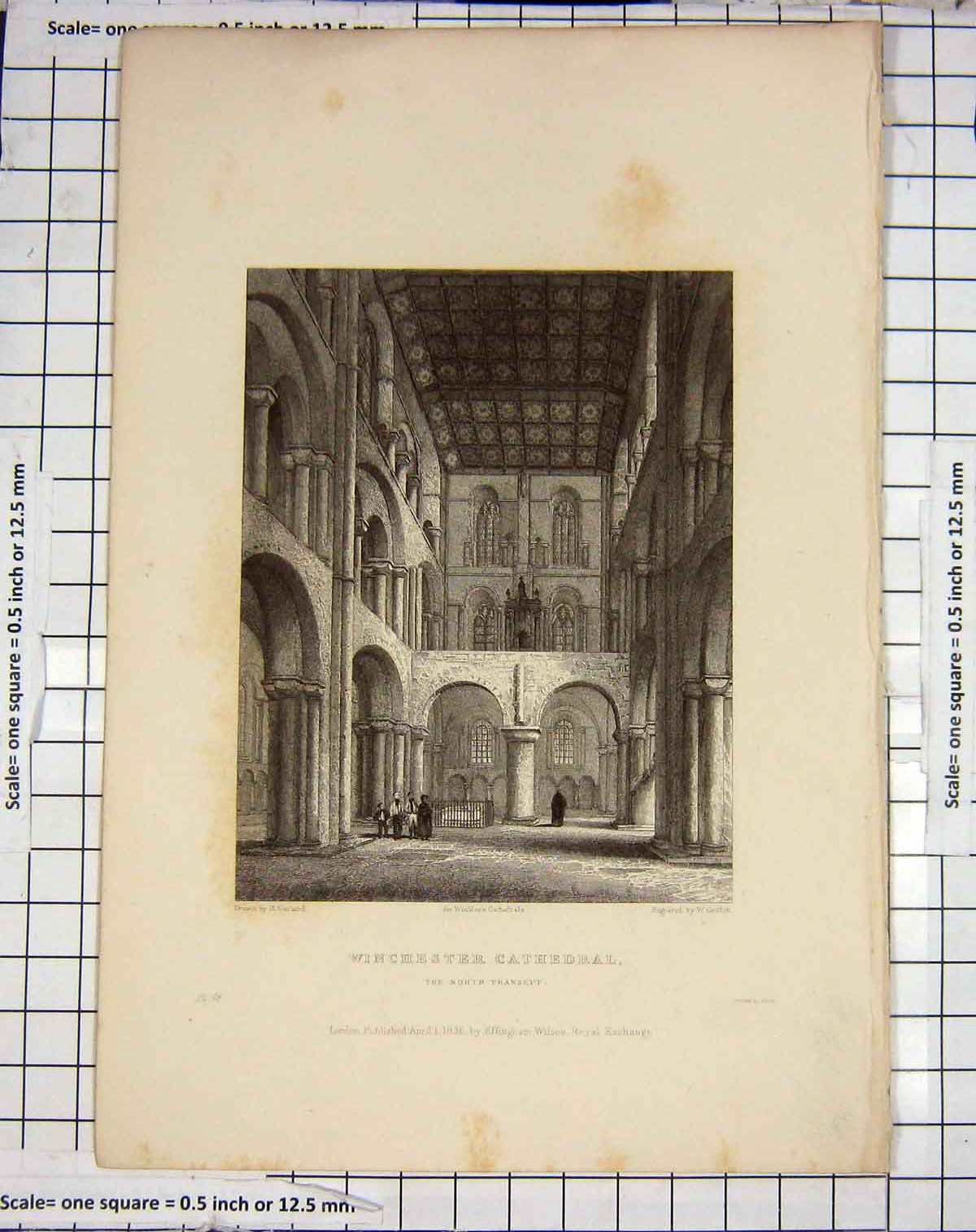 Original Old Antique Print 1836 Winchester Cathedral Transept Griffith Garland