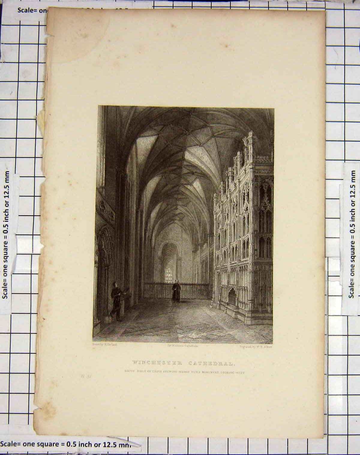 Original Old Antique Print Winchester Cathedral Bishop Fox Garland Albutt