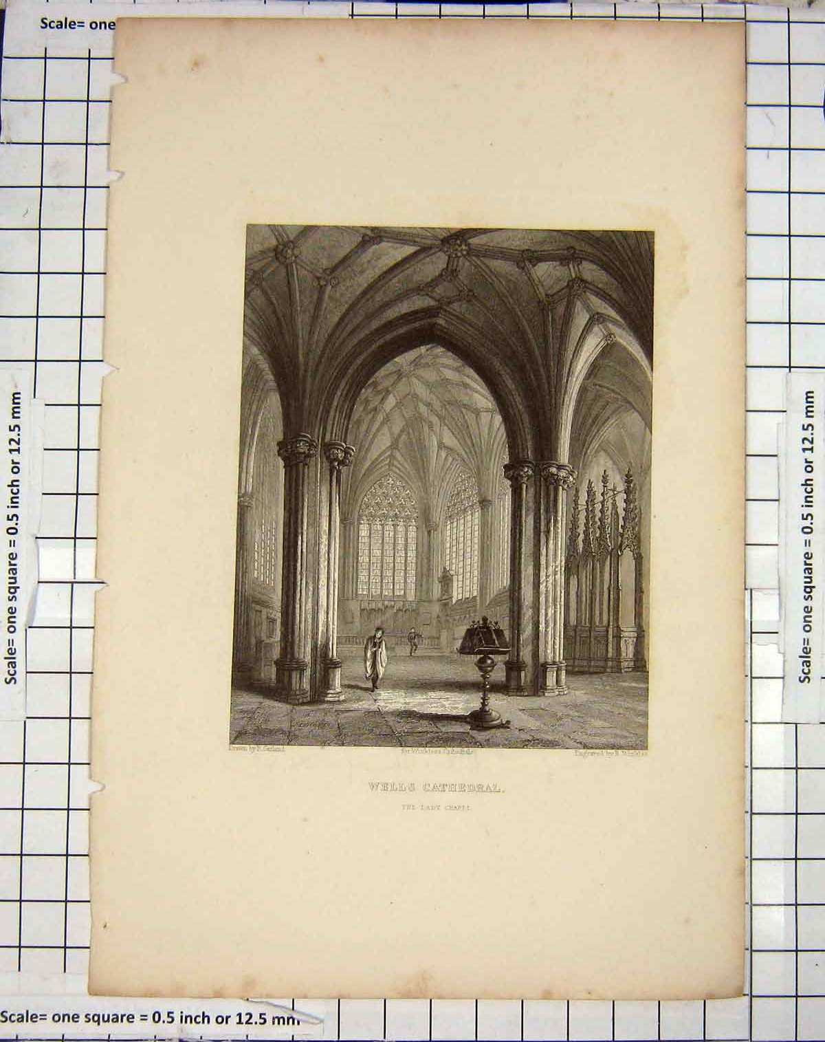 Old Antique Print Lady Chapel Wells Cathedral Winkles Garland Engraving