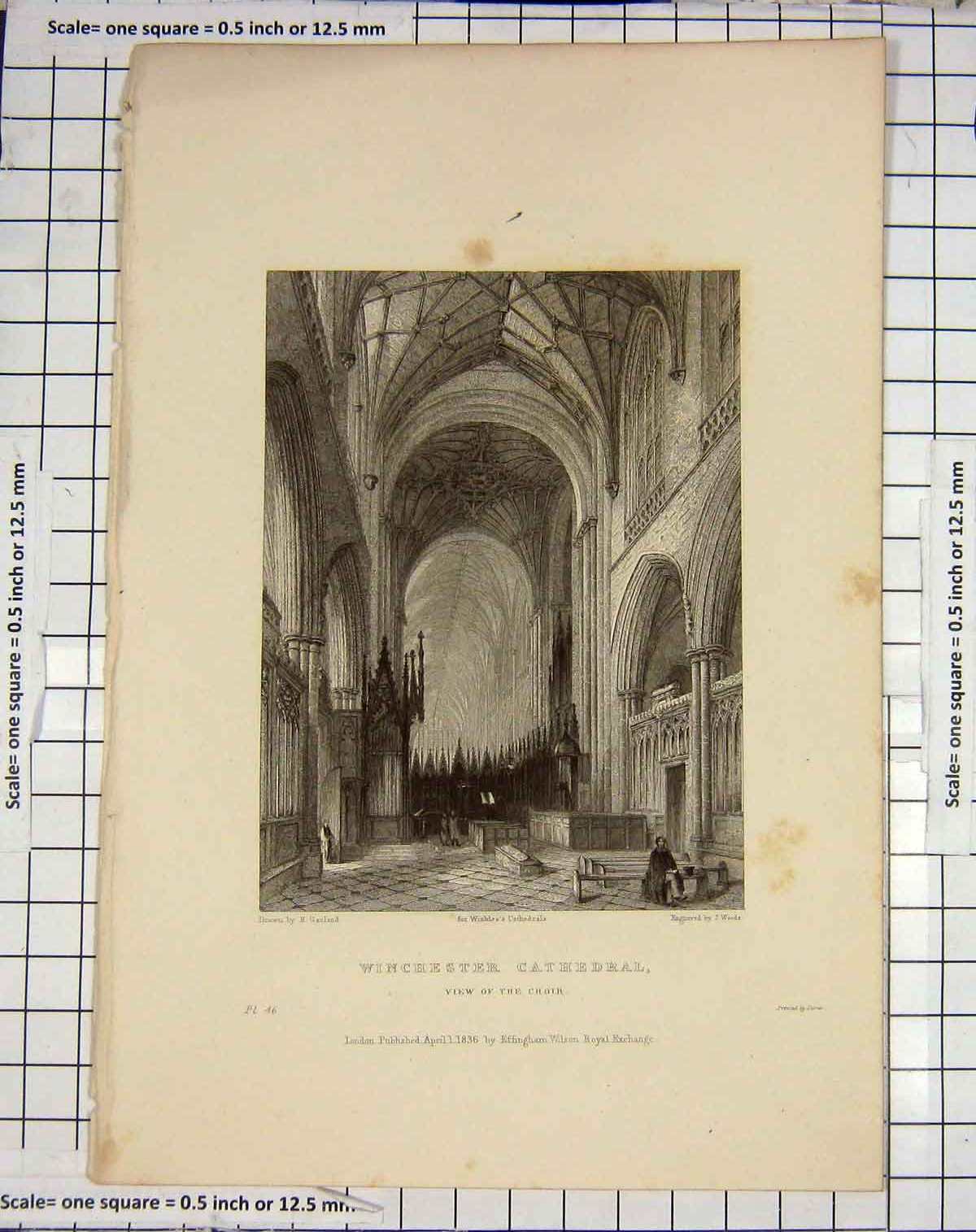 Original Old Antique Print 1836 Winchester Cathedral Choir Woods Garland 19th
