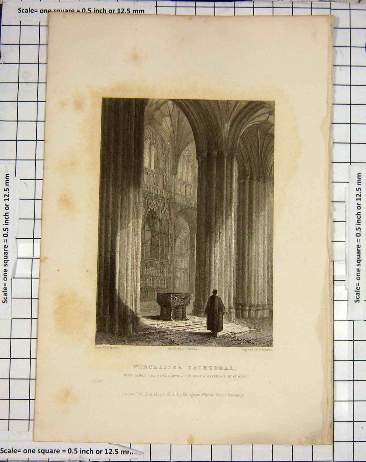 Old Antique Print 1836 Winchester Cathedral Font Wykeham Monument Browne 19th
