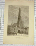 Original Old Antique Print D'Anvers Cathedral Architecture Therond Braun