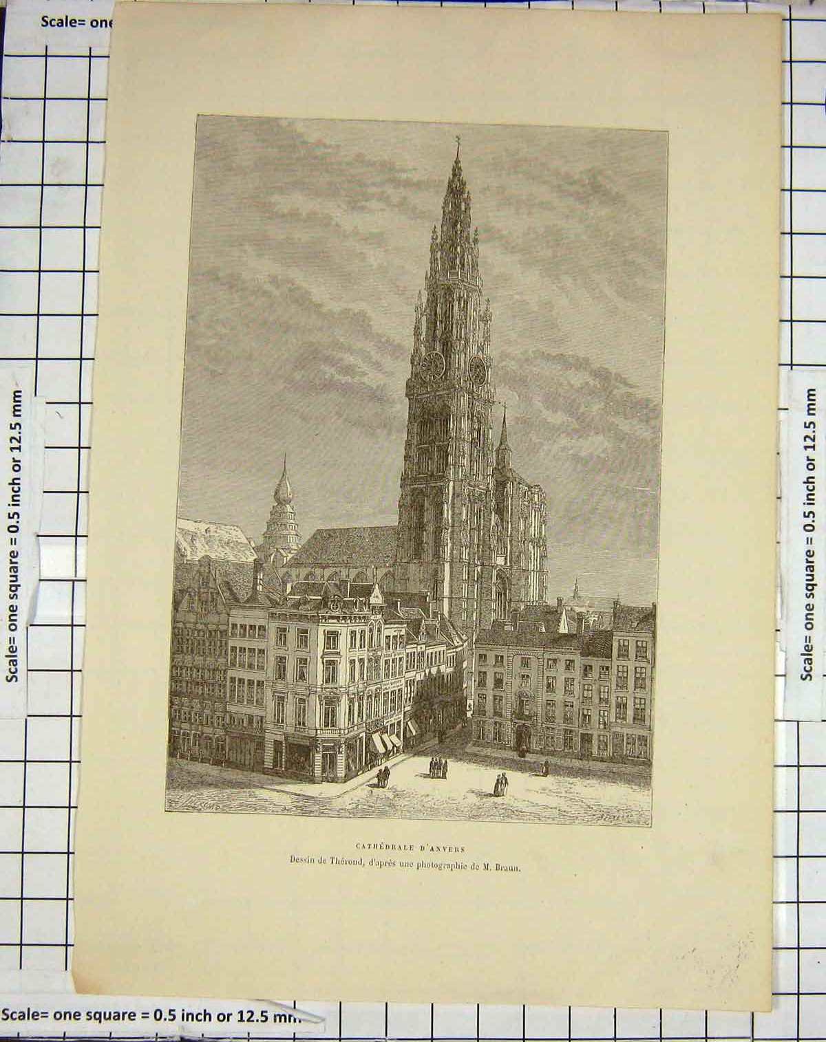 Original Old Antique Print D'Anvers Cathedral Architecture Therond Braun