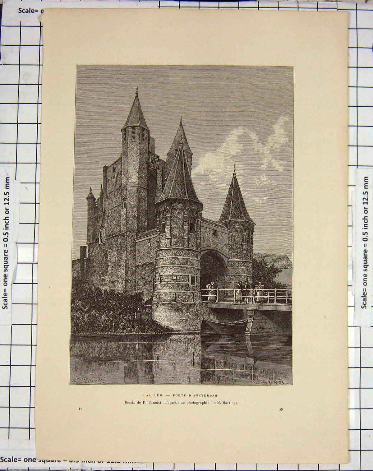 Original Old Antique Print Haarlem Porte Amsterdam Architecture Martinet