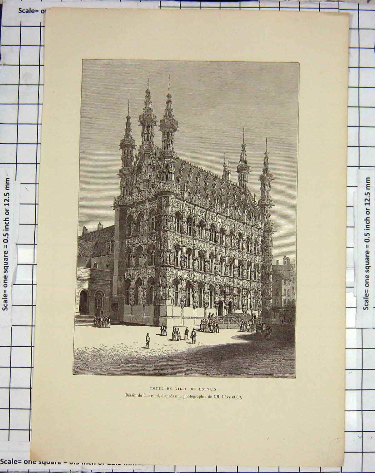 Original Old Antique Print Hotel De Ville Louvain Architecture Building Levy