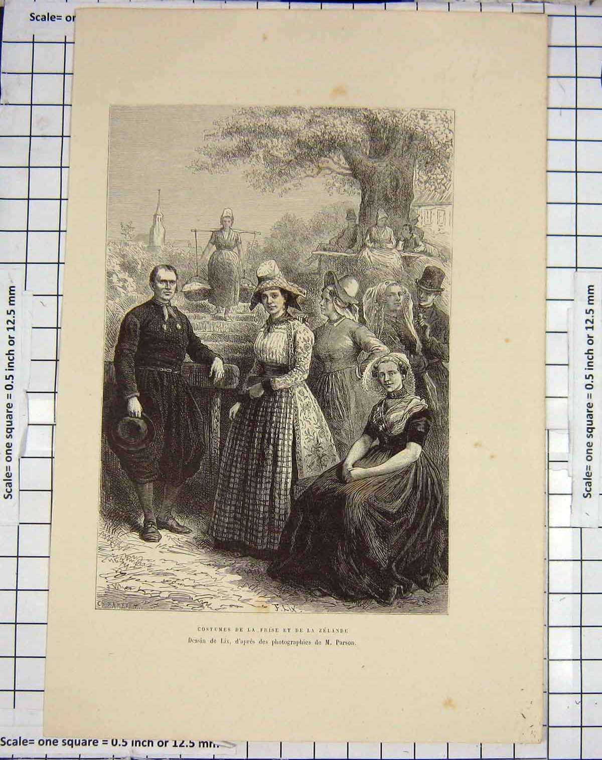 Original Old Antique Print Costumes Frise Zelande Ladies Parson