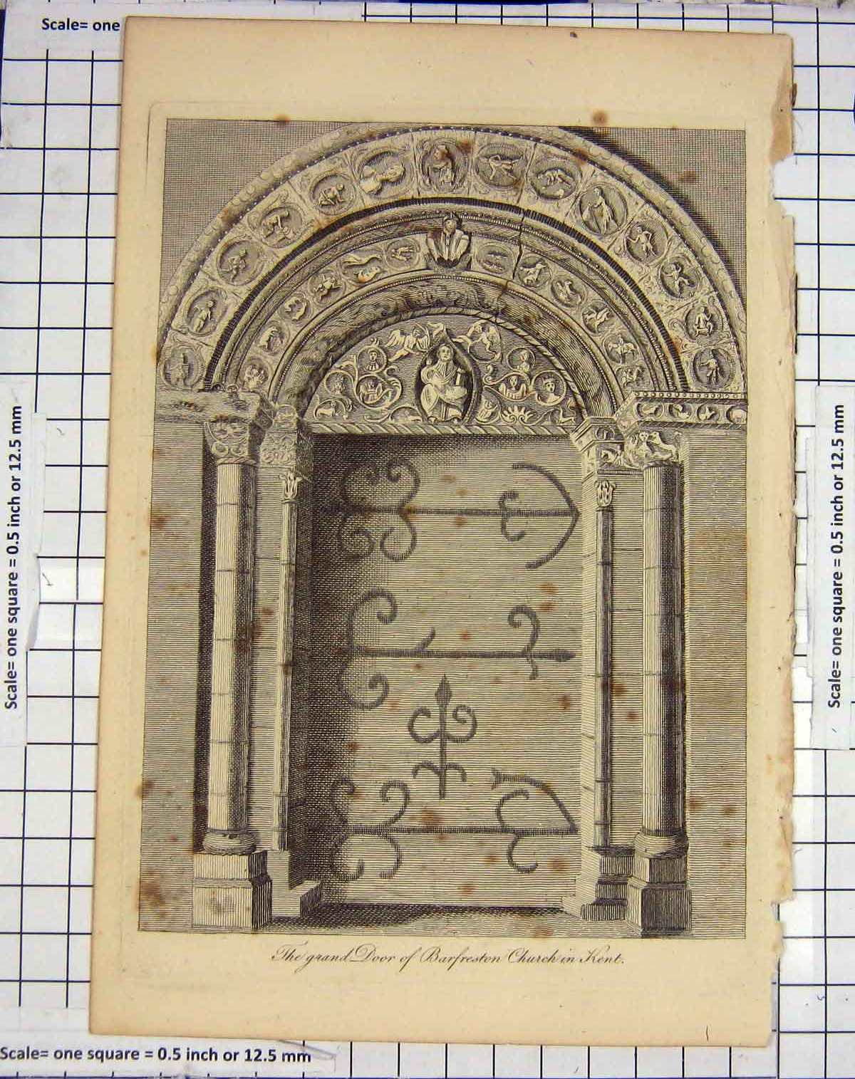 Original Old Antique Print Grand Door Barfreston Church Kent Architecture