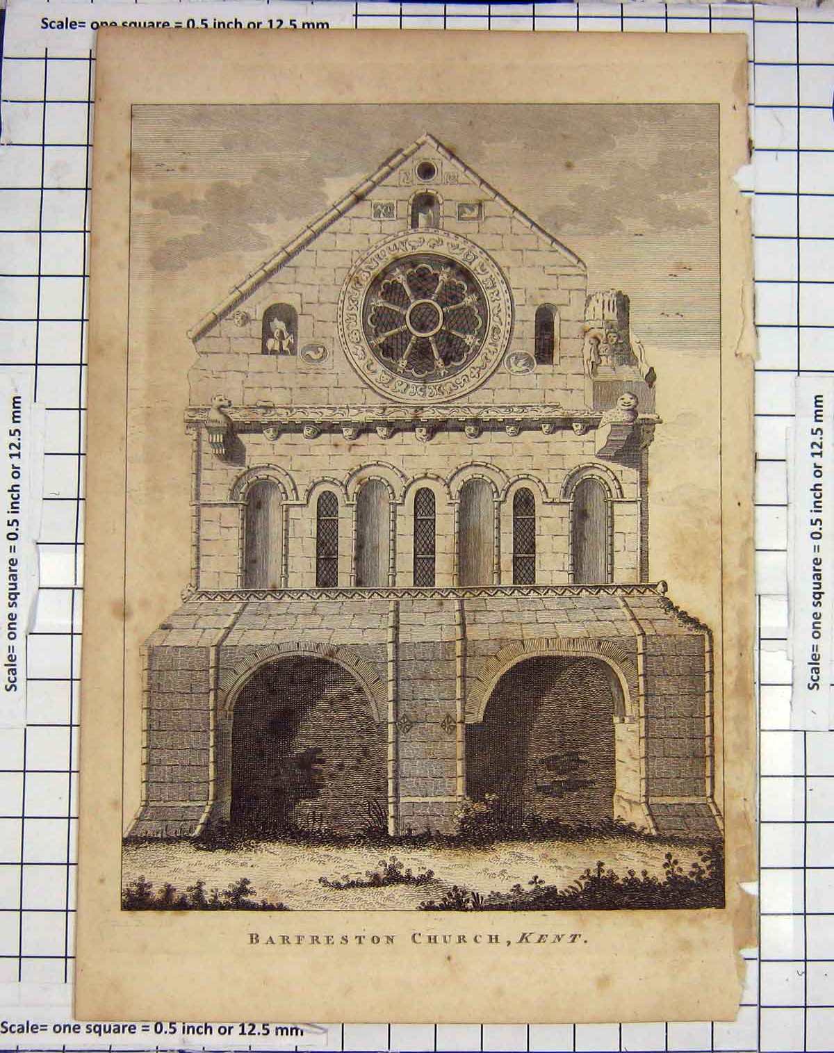 Original Old Antique Print Barfreston Church Kent England Architecture